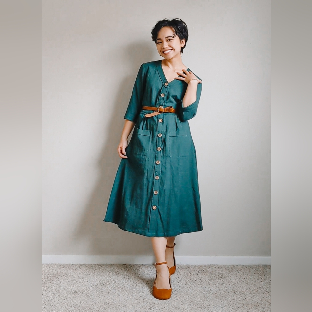 Pana Mina Cotton Flax Dress in Emerald Green xxs